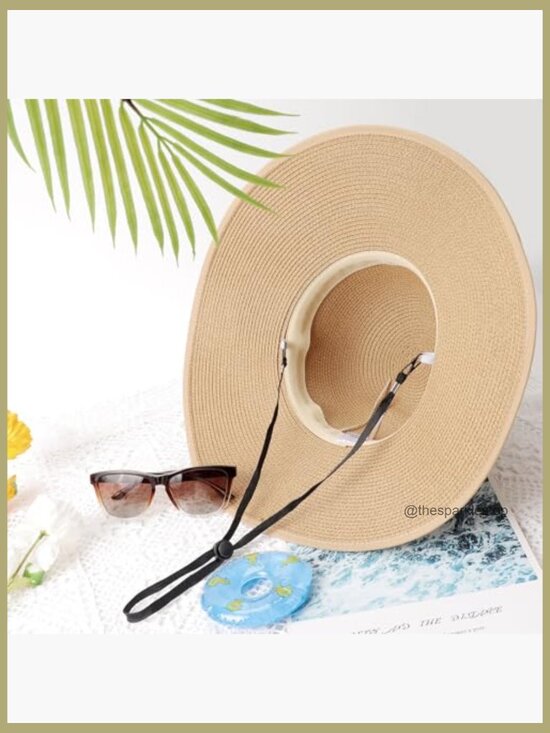 Wide Brim Straw Sun Hat Foldable UPF 50+ Adjustable Chin Strap